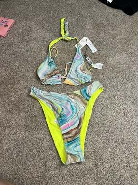 The Bikini Lab Marbled Agate Halter Triangle Bikini Set NWT